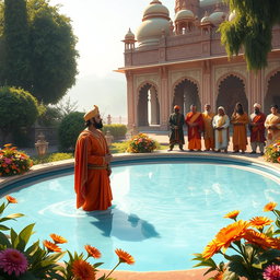 The next morning scene at a royal pond in a vibrant Mughal palace setting, where the characters Akbar, Birbal, and courtiers gather in surprise