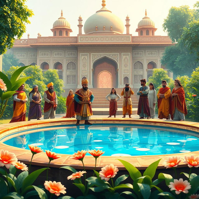 The next morning scene at a royal pond in a vibrant Mughal palace setting, where the characters Akbar, Birbal, and courtiers gather in surprise
