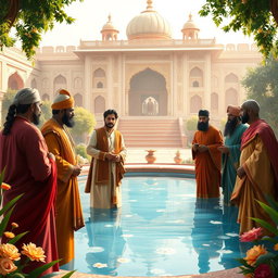 The next morning scene at a royal pond in a vibrant Mughal palace setting, where the characters Akbar, Birbal, and courtiers gather in surprise