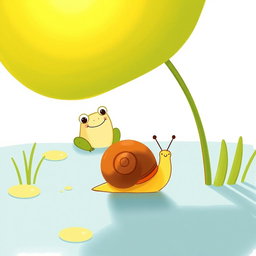 On a sunny summer day by a pond, a small snail with a brown shell is slowly making its way under the intense sunlight