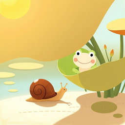 On a sunny summer day by a pond, a small snail with a brown shell is slowly making its way under the intense sunlight