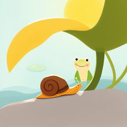 On a sunny summer day by a pond, a small snail with a brown shell is slowly making its way under the intense sunlight