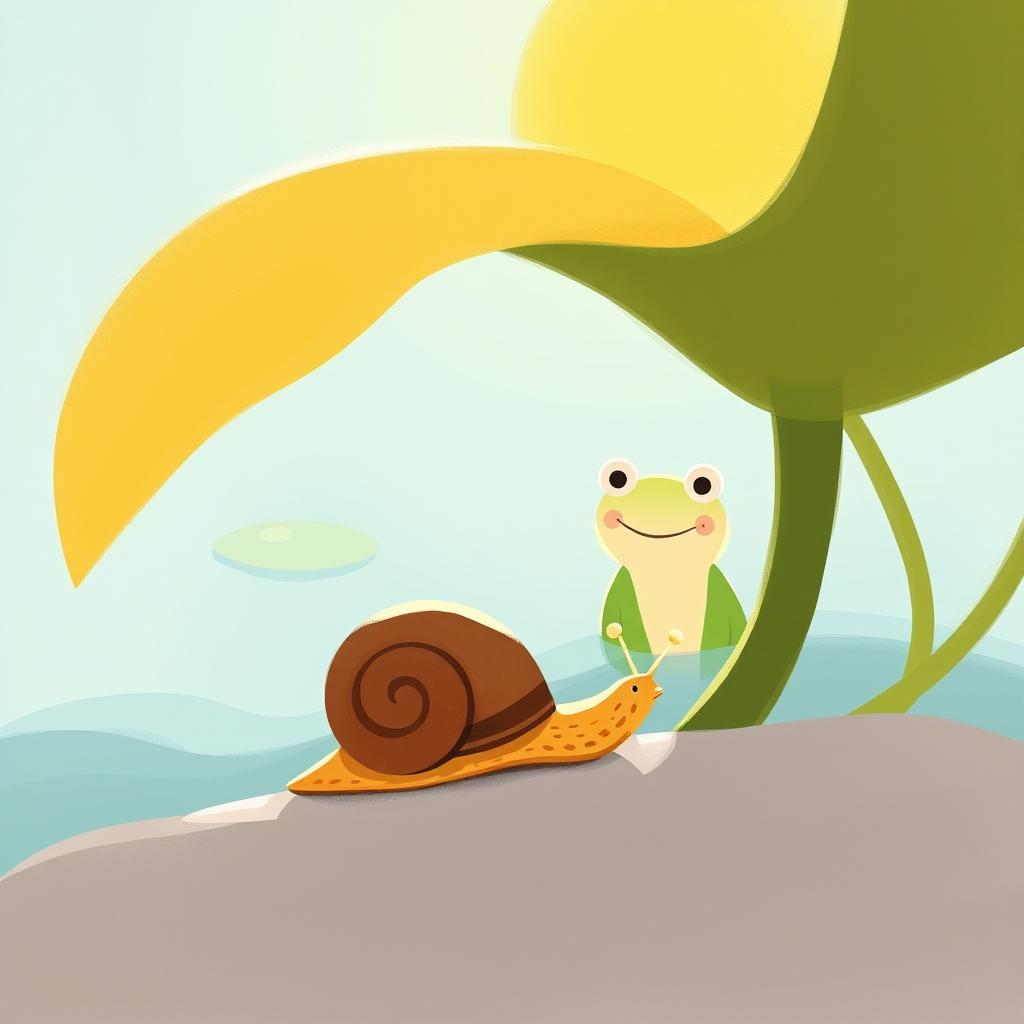 On a sunny summer day by a pond, a small snail with a brown shell is slowly making its way under the intense sunlight
