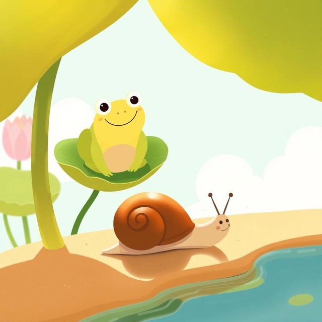 On a sunny summer day by a pond, a small snail with a brown shell is slowly making its way under the intense sunlight