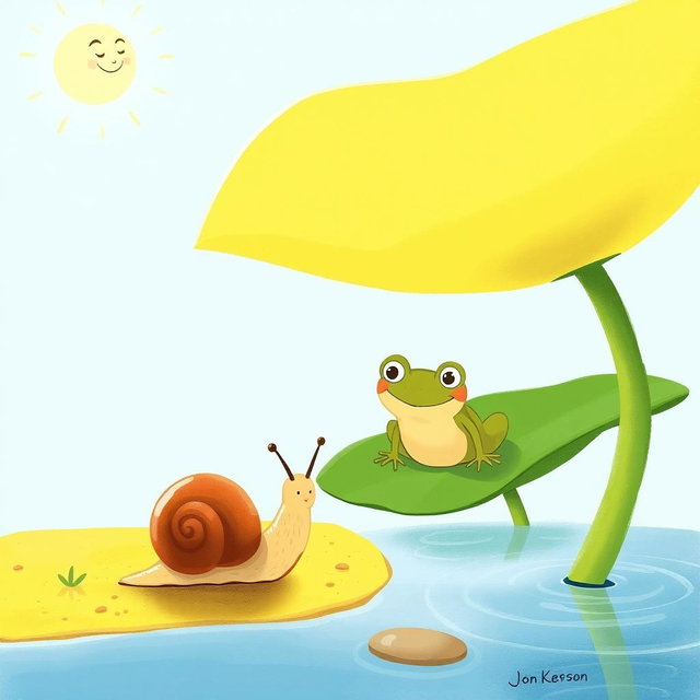 On a bright summer day by a pond, a small snail with a brown shell is slowly making its way under the scorching sun
