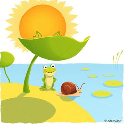 On a bright summer day by a pond, a small snail with a brown shell is slowly making its way under the scorching sun