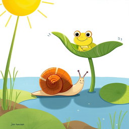 On a bright summer day by a pond, a small snail with a brown shell is slowly making its way under the scorching sun