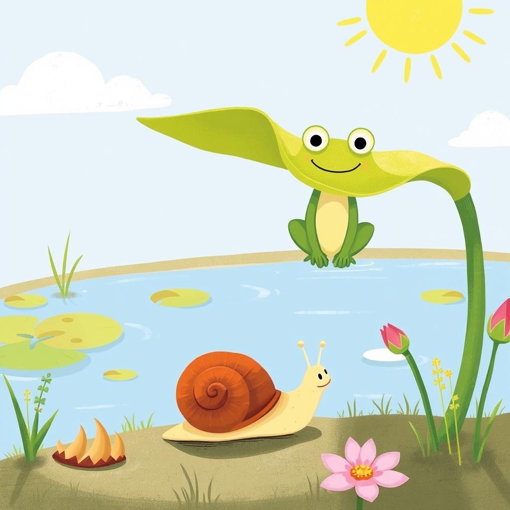 On a bright summer day by a pond, a small snail with a brown shell is slowly making its way under the scorching sun