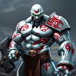 An imposing ashen white warforged character stands confidently, wielding a large warhammer