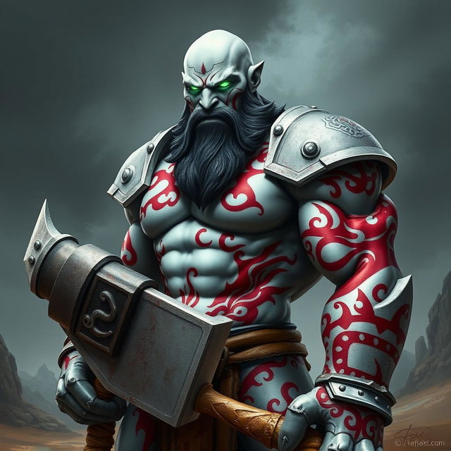 An imposing ashen white warforged character stands confidently, wielding a large warhammer