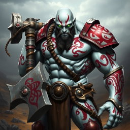 An imposing ashen white warforged character stands confidently, wielding a large warhammer