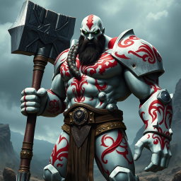 An imposing ashen white warforged character stands confidently, wielding a large warhammer