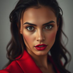 A stunning 25-year-old woman dressed in a bold red outfit stands directly facing the camera with a provocative yet surprised expression on her face