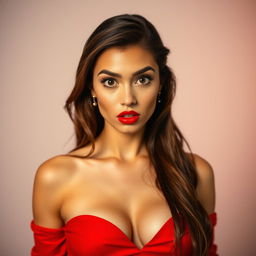 A stunning 25-year-old woman dressed in a bold red outfit stands directly facing the camera with a provocative yet surprised expression on her face