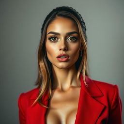 A stunning 25-year-old woman dressed in a bold red outfit stands directly facing the camera with a provocative yet surprised expression on her face