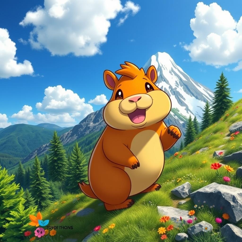 A capybara styled like a Pokémon climbing a mountain, with a vibrant landscape in the background