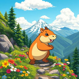 A capybara styled like a Pokémon climbing a mountain, with a vibrant landscape in the background