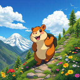 A capybara styled like a Pokémon climbing a mountain, with a vibrant landscape in the background