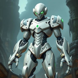 An ash white warforged character stands tall, showcasing a sleek and metallic body with a smooth finish