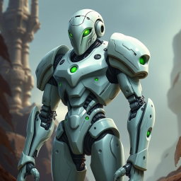 An ash white warforged character stands tall, showcasing a sleek and metallic body with a smooth finish
