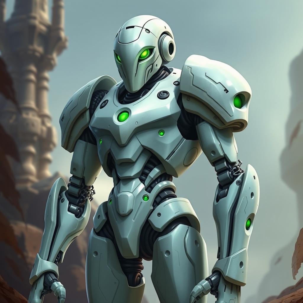 An ash white warforged character stands tall, showcasing a sleek and metallic body with a smooth finish
