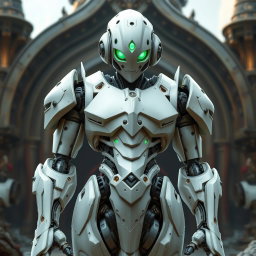 An ash white warforged character stands tall, showcasing a sleek and metallic body with a smooth finish