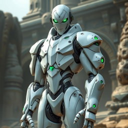 An ash white warforged character stands tall, showcasing a sleek and metallic body with a smooth finish
