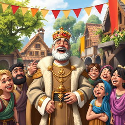 A lively scene depicting a king laughing heartily in front of a group of villagers