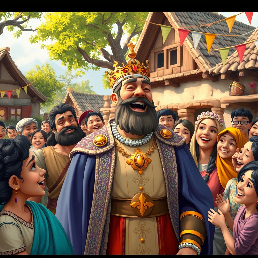 A lively scene depicting a king laughing heartily in front of a group of villagers