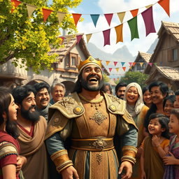 A lively scene depicting a king laughing heartily in front of a group of villagers