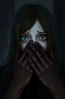 A haunting digital painting featuring a girl with long flowing hair, her eyes wide and expressive with a mixture of fear and desperation