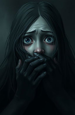 A haunting digital painting featuring a girl with long flowing hair, her eyes wide and expressive with a mixture of fear and desperation
