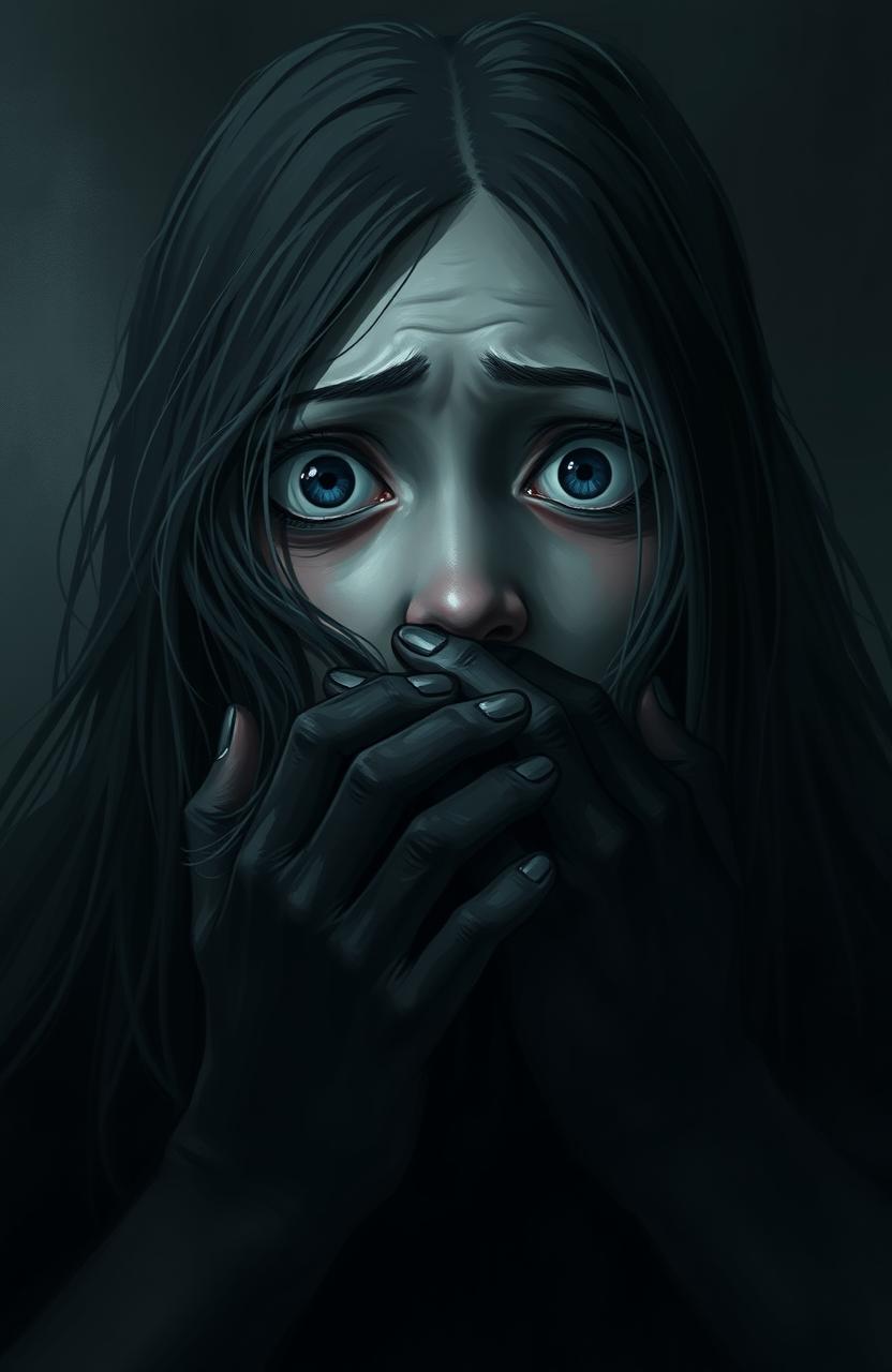 A haunting digital painting featuring a girl with long flowing hair, her eyes wide and expressive with a mixture of fear and desperation