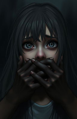 A haunting digital painting featuring a girl with long flowing hair, her eyes wide and expressive with a mixture of fear and desperation