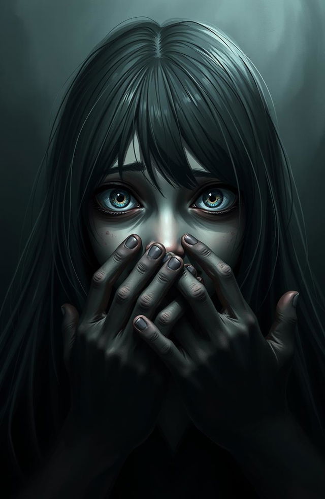 A haunting digital painting featuring a girl with long flowing hair, her eyes wide and expressive with a mixture of fear and desperation
