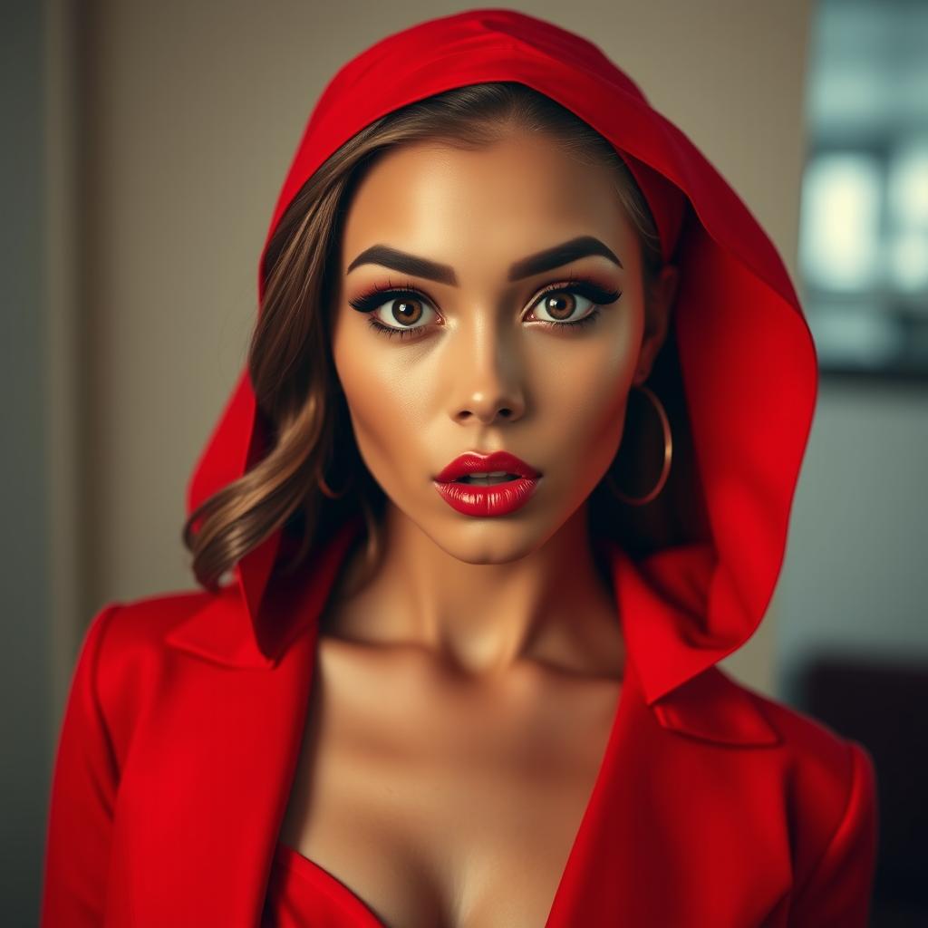 A beautiful 25-year-old woman dressed in a vibrant red outfit stands directly facing the camera, displaying a provocative yet surprised expression