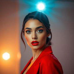 A beautiful 25-year-old woman dressed in a vibrant red outfit stands directly facing the camera, displaying a provocative yet surprised expression