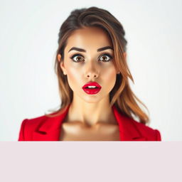 A beautiful 25-year-old woman dressed in a vibrant red outfit stands directly facing the camera, displaying a provocative yet surprised expression