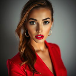 A beautiful 25-year-old woman dressed in a vibrant red outfit stands directly facing the camera, displaying a provocative yet surprised expression