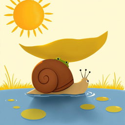 On a sunny summer day by a pond, a small snail with a brown shell is navigating under the blazing sun