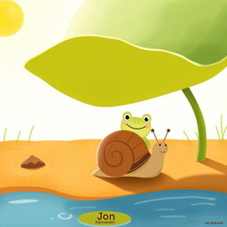 On a sunny summer day by a pond, a small snail with a brown shell is navigating under the blazing sun
