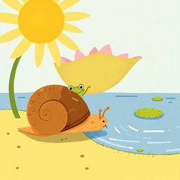 On a sunny summer day by a pond, a small snail with a brown shell is navigating under the blazing sun