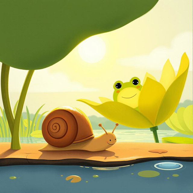 On a sunny summer day by a pond, a small snail with a brown shell is navigating under the blazing sun