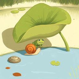 On a sunny summer day by a pond, a small snail with a brown shell is walking along the pond's edge