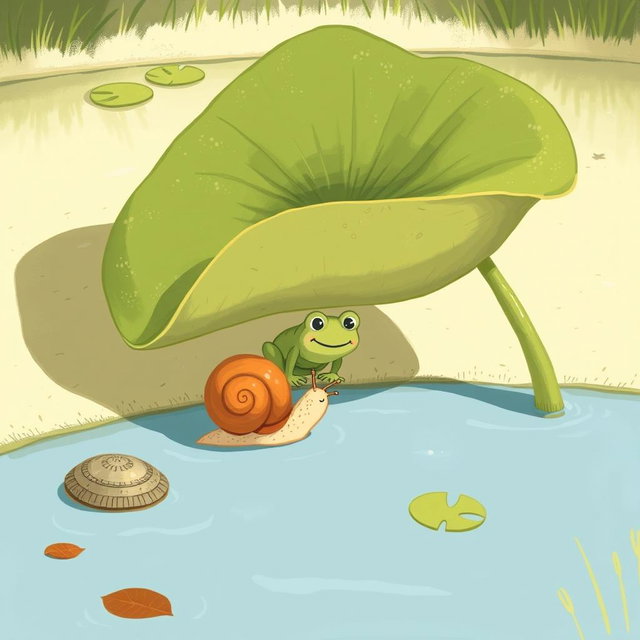 On a sunny summer day by a pond, a small snail with a brown shell is walking along the pond's edge