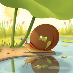 On a sunny summer day by a pond, a small snail with a brown shell is walking along the pond's edge