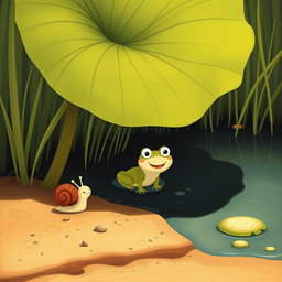 On a sunny summer day by a pond, a small snail with a brown shell is walking along the pond's edge