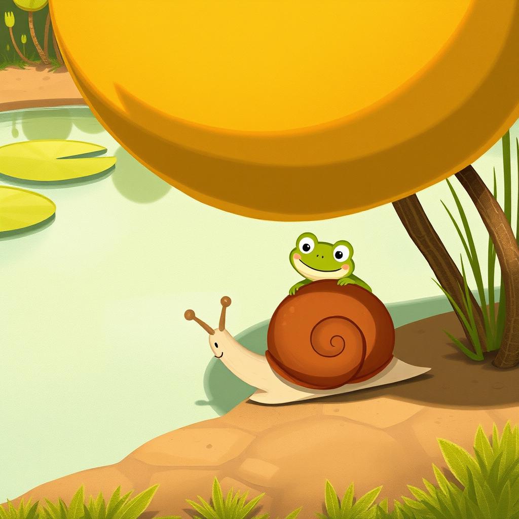 On a sunny summer day by a pond, a small snail with a brown shell is walking along the pond's edge