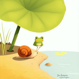 On a sunny summer day, a small snail with a brown shell is walking along the edge of a pond