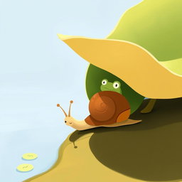 On a sunny summer day, a small snail with a brown shell is walking along the edge of a pond